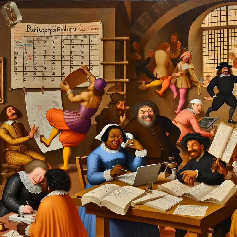 Een chaotische kantooromgeving met medewerkers die verschillende taken uitvoeren, waaronder vergaderplanning en rapport schrijven.