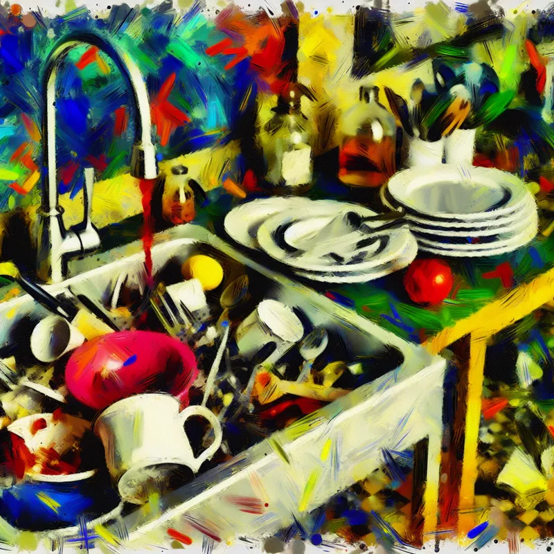 Abstract expressionist kunst van een chaotische keuken met een overlopende gootsteen vol vuile borden en bestek.