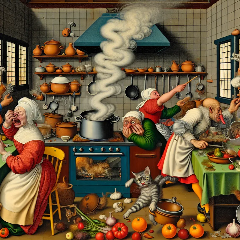 Chaotische keuken met dampende pot en een kat, in Jan Steen-stijl