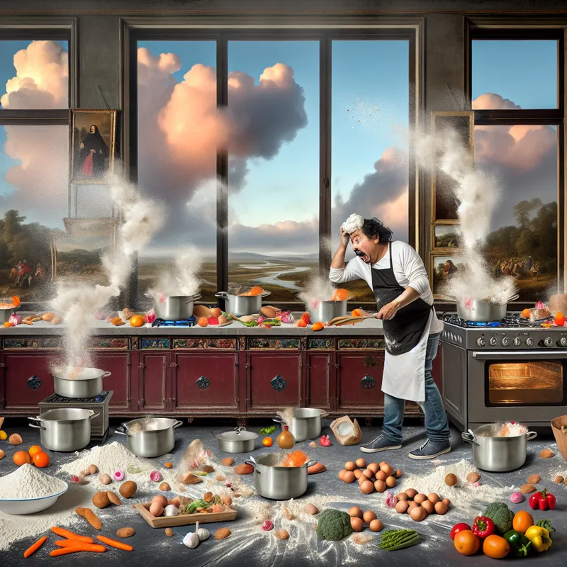 Chaotische keuken met een persoon die rommelig aan het koken is zonder recept.