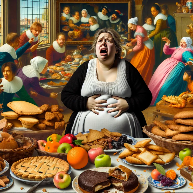 Een chaotische keuken met een vrouw die zich ongemakkelijk voelt, omringd door overdadige etenswaren.