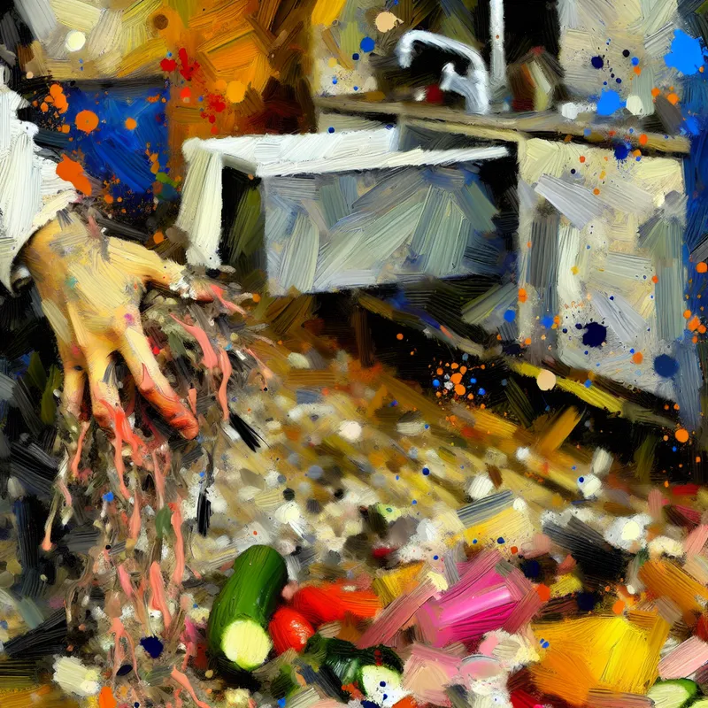 Abstract expressionism depicting a chaotic kitchen floor covered in spilled groceries and dirt, with a pair of dirty hands reaching for a sink.