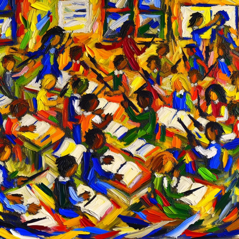 Abstract schilderij van een klaslokaal met kleurrijke, chaotische elementen en kinderen die leren met boeken en kunstbenodigdheden.