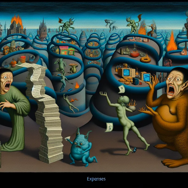 Surrealistische afbeelding van een chaotische markt met bizarre wezens die verschillende soorten uitgaven uitbeelden, geïnspireerd door Hieronymus Bosch.