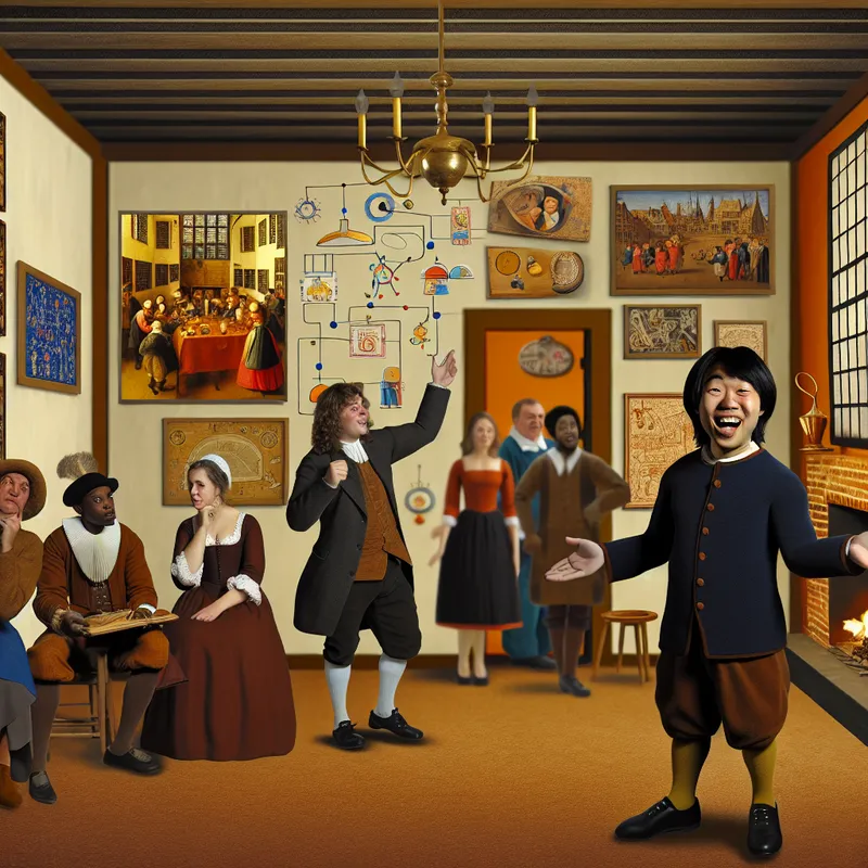 Een levendige Nederlandse interieur scene met een groep mensen die in gesprek zijn, waarbij één persoon enthousiast een vraag stelt.