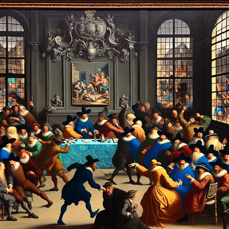 Chaotische politieke debatten in een prachtige overheidskamer, met intense gezichten en bewegingen van politici, benadrukt ongelijkheid met arme burgers in de achtergrond.