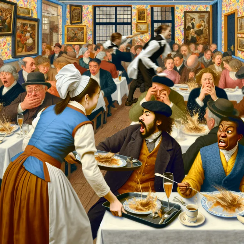 Een ober die per ongeluk een dienblad met eten op een geschokte klant laat vallen in een druk restaurant.