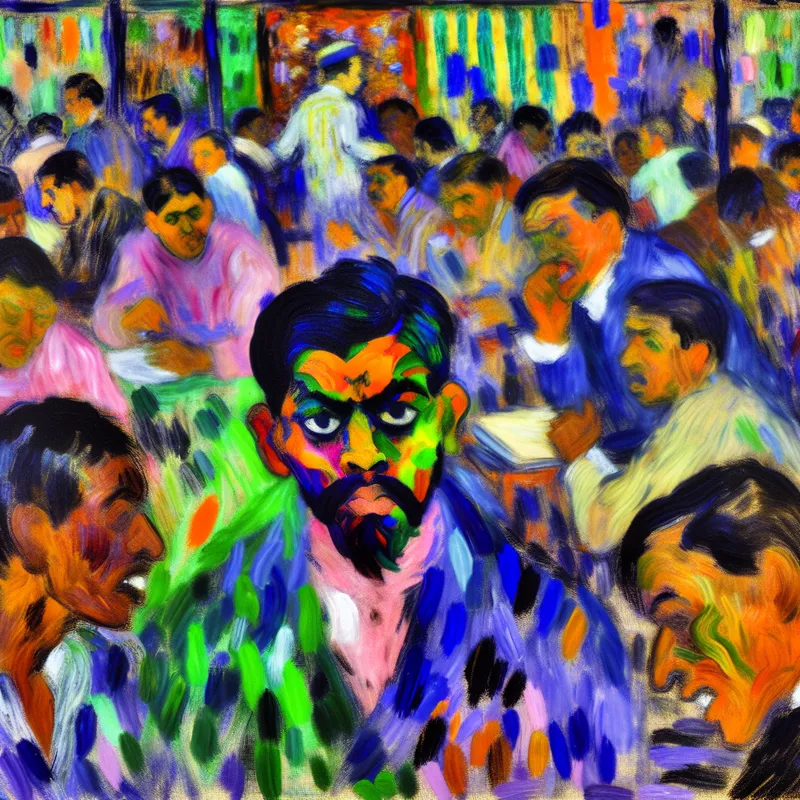 Een levendig en chaotisch tafereel met een drukke kamer vol diverse mensen die met elkaar in gesprek zijn, terwijl een persoon in het midden opvalt door luid te roepen om aandacht.