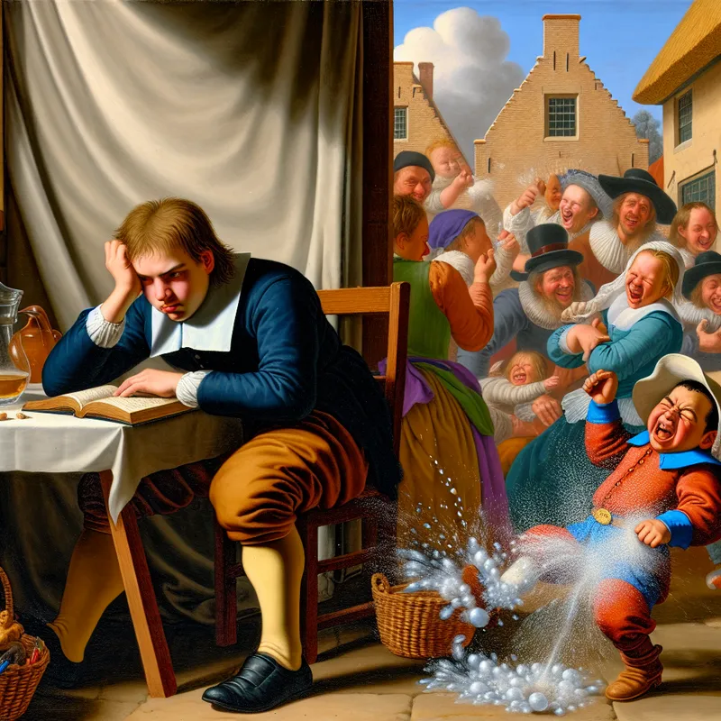 Een jongeman die geïrriteerd probeert te lezen terwijl een kind waterballonnen gooit, omringd door lachende mensen.