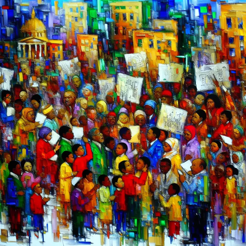 Abstracte uitbeelding van een stad met mensen die borden vasthouden en vragen om investering in onderwijs.