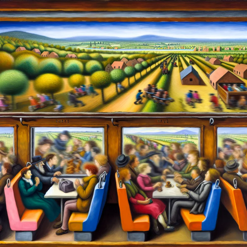 Druk trein interieur met diverse passagiers in een kleurrijk landschap buiten het raam.