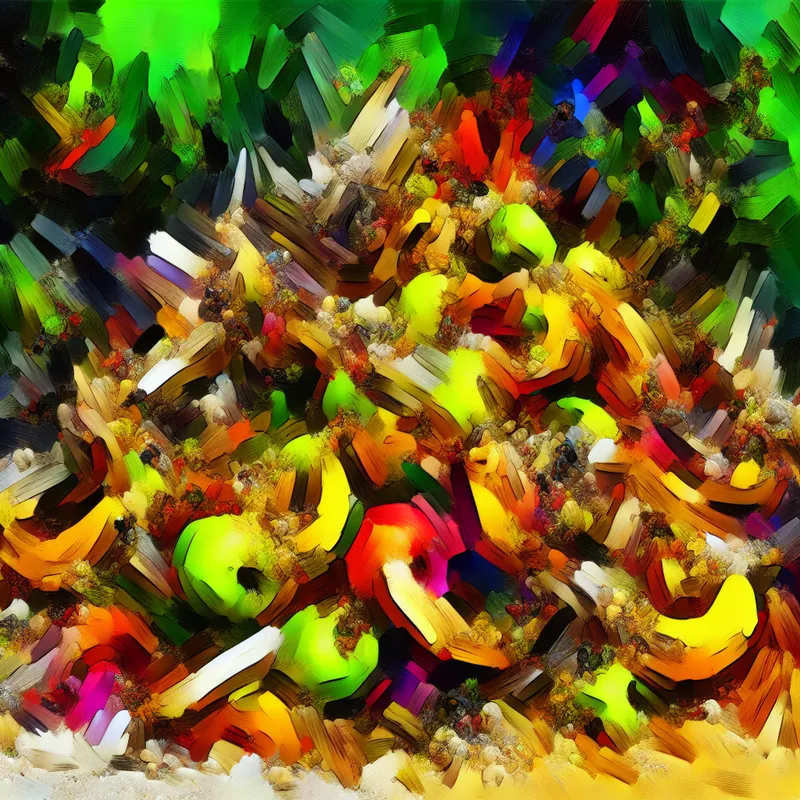 Abstract expressionistisch schilderij van een chaotische tuin met verval en bederf, waarin rotten fruit en afval zijn afgebeeld.