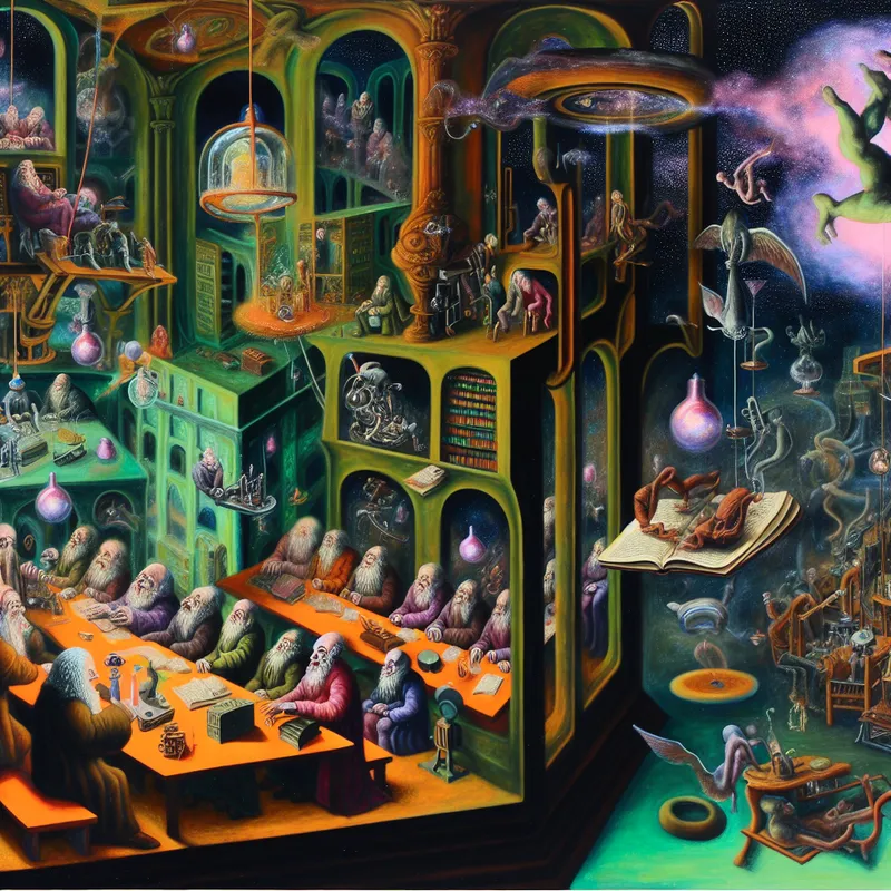 Surrealistisch schilderij van een chaotische vergadering in een imposante ruimte, met een rommelig ronde tafel en verknipte klokgezichten op de muren.