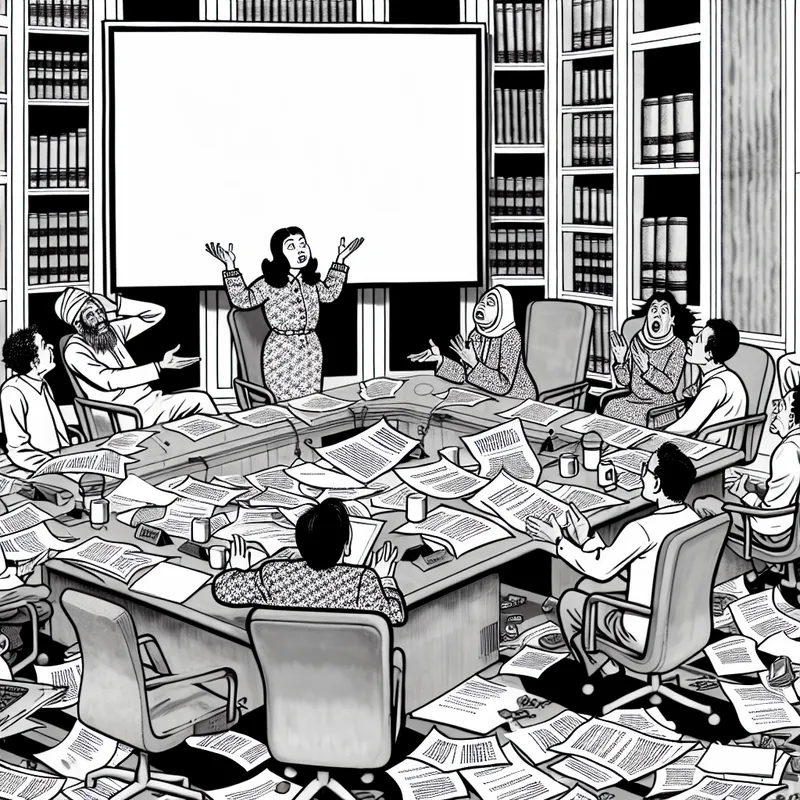 Een chaotische vergaderruimte vol met rommelige kantoorbenodigdheden en verwarrende medewerkers.