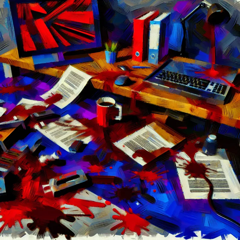 Abstracte weergave van een chaotische werkdag met een rommelig bureau, verspreide papieren, een kapotte computer en gemorste koffie.