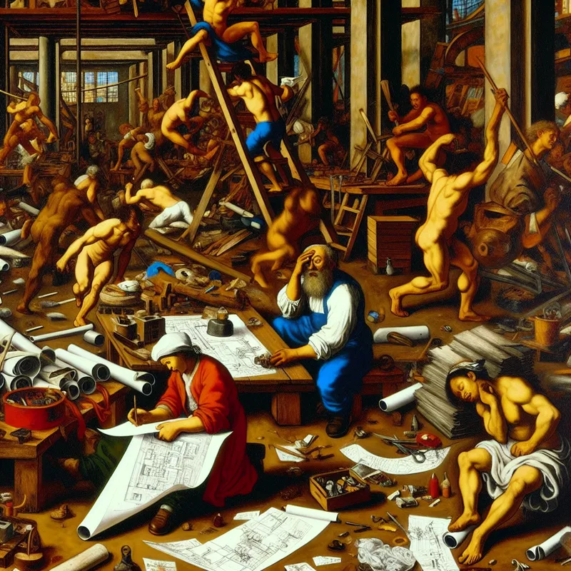 Chaotische werkplaats met ongeorganiseerde arbeiders die achteloos taken uitvoeren, een medewerker doodled terwijl een andere gefrustreerd naar de rommel kijkt.