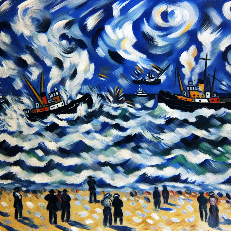 Abstract landschap van een chaotische zeescène met strijdende sleepboten tijdens vloed.