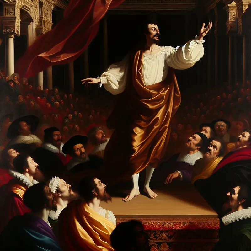 Barokke scène van een charismatische spreker die een diverse menigte overtuigt in een weelderige zaal, symbool voor het winnen van sympathie en steun