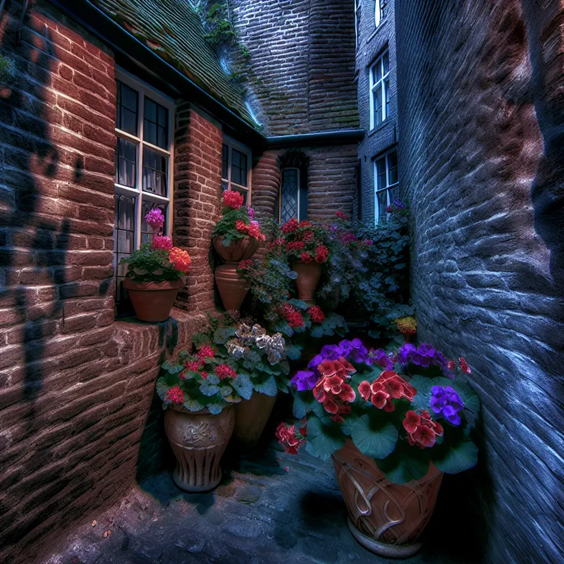Een schattig beluikje met kleurrijke bloemen in potten, vastgelegd in de schemering, met een mysterieuze sfeer.