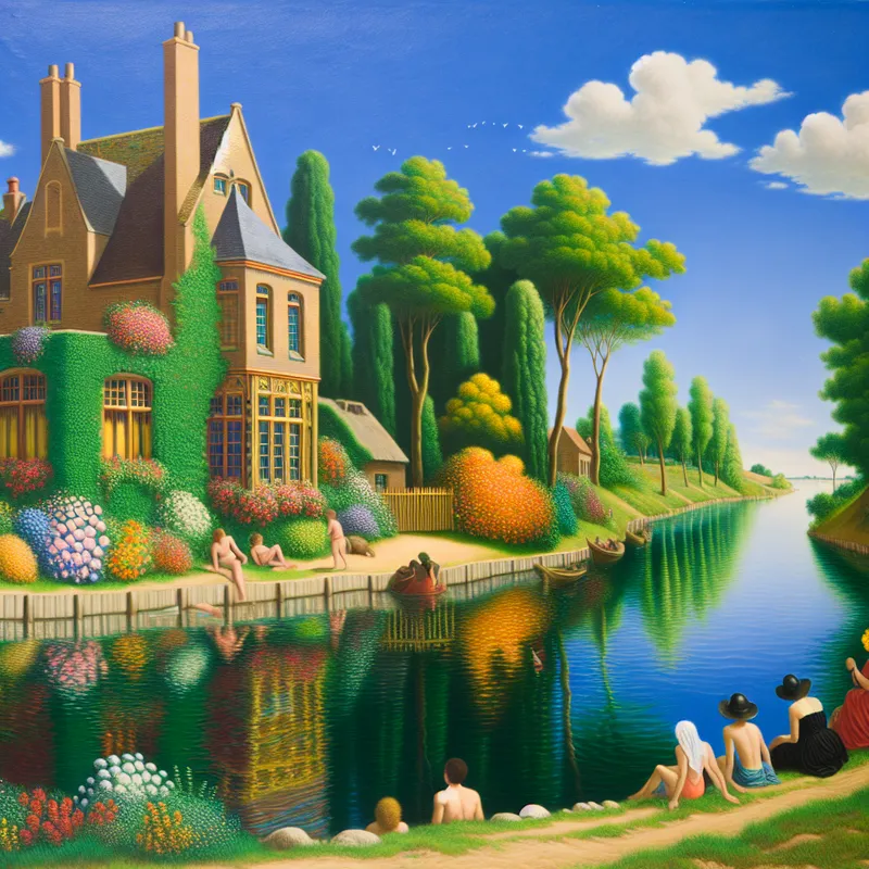 Een charmant huis aan de oever van een serene rivier, omringd door groen en kleurrijke bloemen.