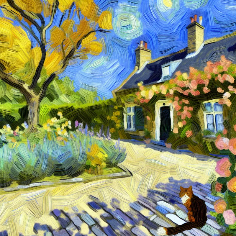 Een kleurrijke scène met een schattig huis en een nieuwsgierige kat op de stoep, geïnspireerd door de stijl van Vincent van Gogh.
