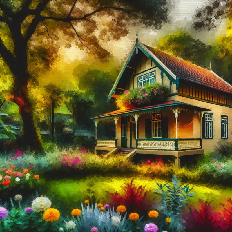 Een klein, charmant villa omgeven door een weelderige tuin met kleurrijke bloemen.