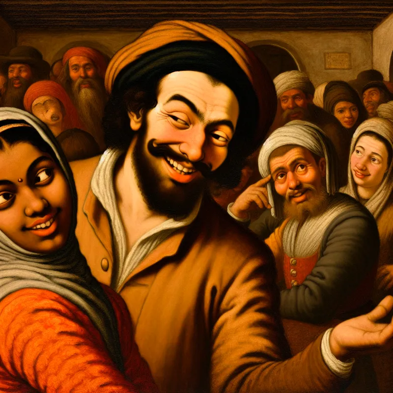 17e-eeuwse Nederlandse scène in de stijl van Jan Steen: charmante man wint het vertrouwen van een vrouw met een stralende glimlach in een levendige, warme setting