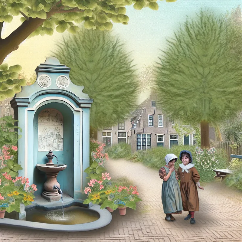 Een schattige parkscène met kinderen die spelen bij een fontein, omgeven door kleurrijke bloemen en bomen.