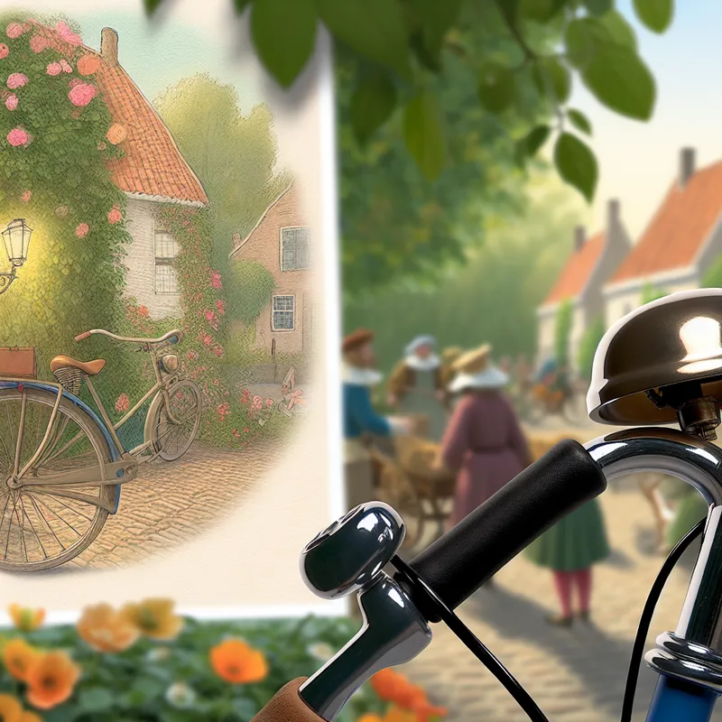 Een schattig, oversized fietsbelletje met een vrolijk gezicht, hangt aan de handvatten van een klassieke fiets, omlijst door een bloemenrijke tuin.