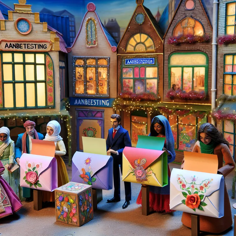 Een levendige en charmante marktscène met diverse bedrijven die hun voorstellen in kleurrijke enveloppen overhandigen aan een panel van juryleden, omgeven door vintage winkels en decoratieve banners.