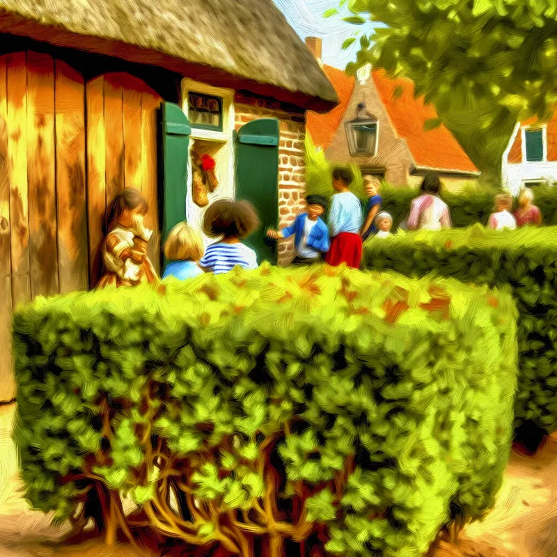 Een kleine, goed onderhouden heg genaamd 'heggetje' bij de ingang van een gezellig huis