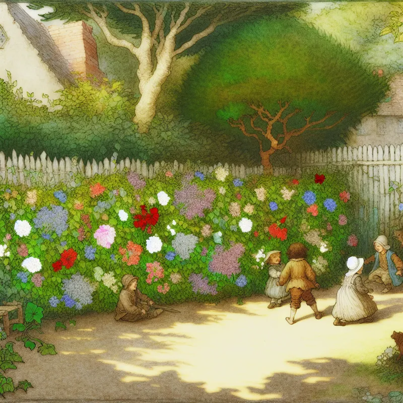 Een charmante tuin met een kleine, groene heg vol kleurrijke bloemen, kinderen die blij spelen in de achtertuin met zonlicht dat door de bomen filtert.