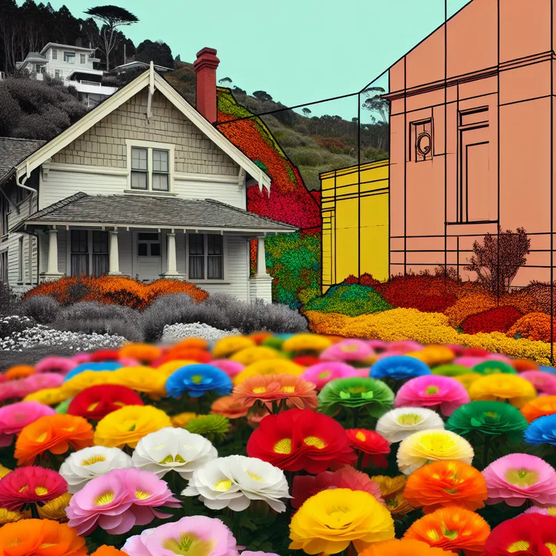 Een gezellige tuinscène met een huis omsloten door kleurrijke bloemen in een cirkelpatroon.