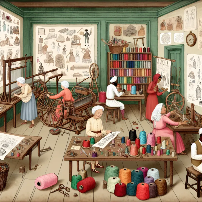 Vintage workshop met vrolijke ambachtslieden bezig met creatieve projecten, omringd door kleurrijke garens en schetsen.