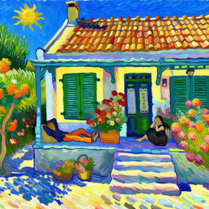 Vrolijke zomer scène met een charmante stoep voor een huis, omringd door kleurrijke bloemen en mensen die genieten van de schaduw.