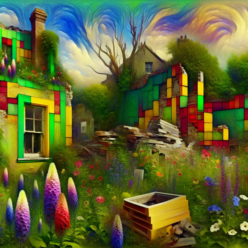 Een hyperrealistisch afgebeeld tuin met kleurrijke bloemen en groen rond blokken van een gesloopte huis.