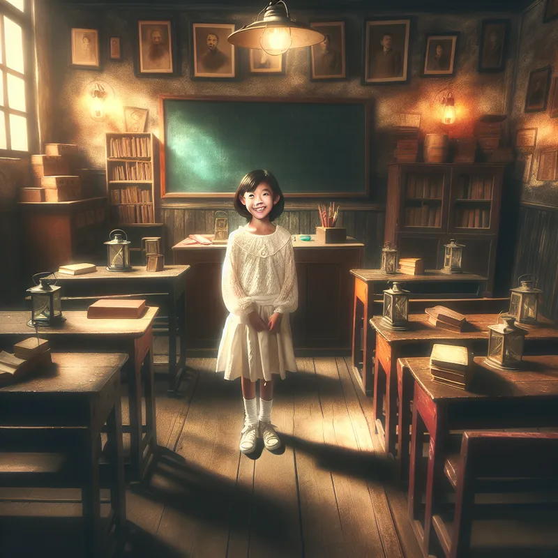 Een jong meisje, 'Miss Anna', in een sfeervolle klaslokaal vol boeken en schoolspullen.