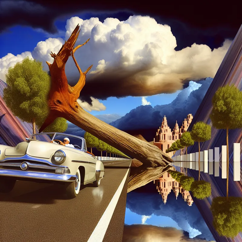 Een chauffeur ontwijkt snel een vallende boom op de weg in een surrealistisch landschap.