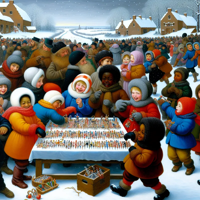 Gelukkige kinderen in winterkleding kiezen schattige, kleine pennen uit een kleurrijke display in een winters landschap.