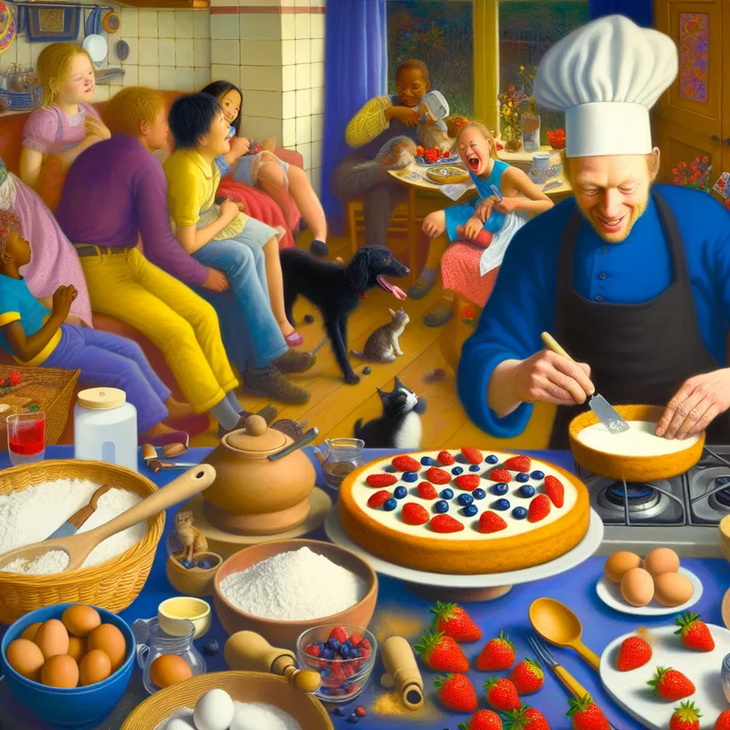 Een levendige keuken met een chef die een cheesecake bereidt met quark, omringd door kleurrijke vruchten, bakgerei en spelende huisdieren.