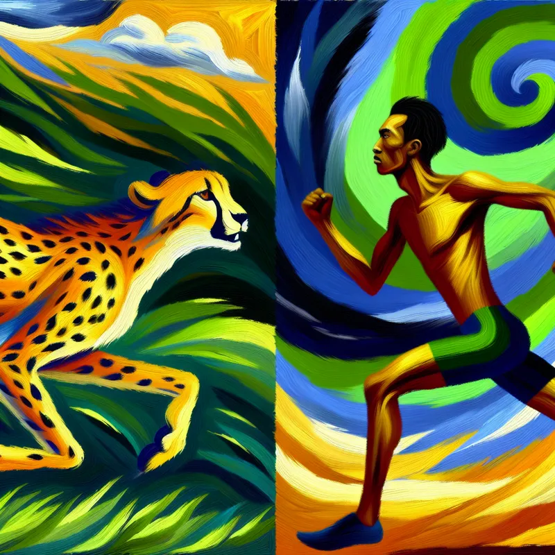 Een levendige schilderij met een cheetah en een hardloper die snelheid en vastberadenheid symboliseren.