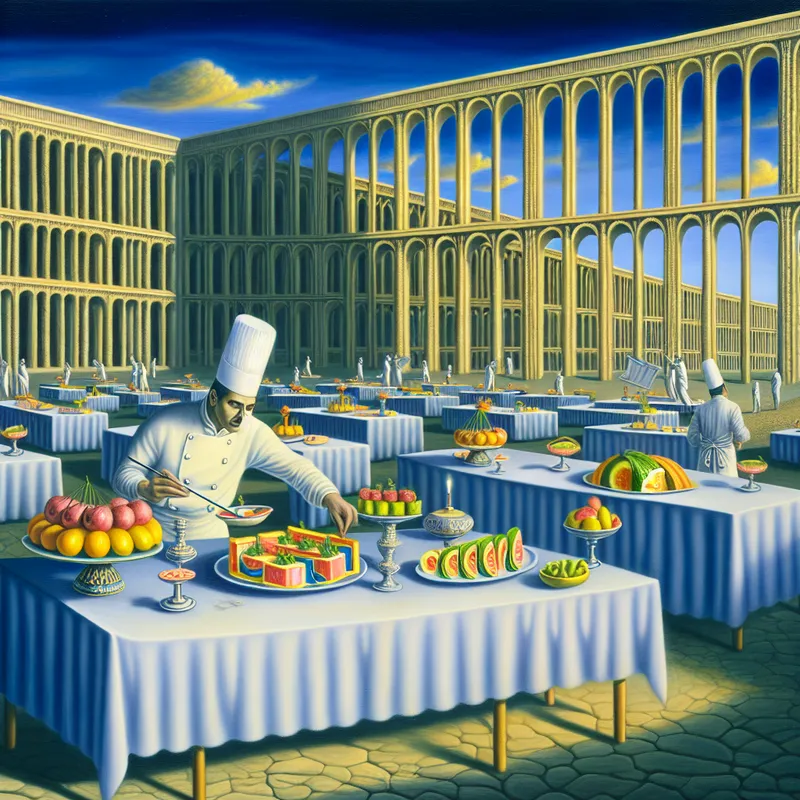 Een hyper-realistische afbeelding van een chef-kok die een luxe buffet voorbereidt voor een feestelijke gelegenheid.