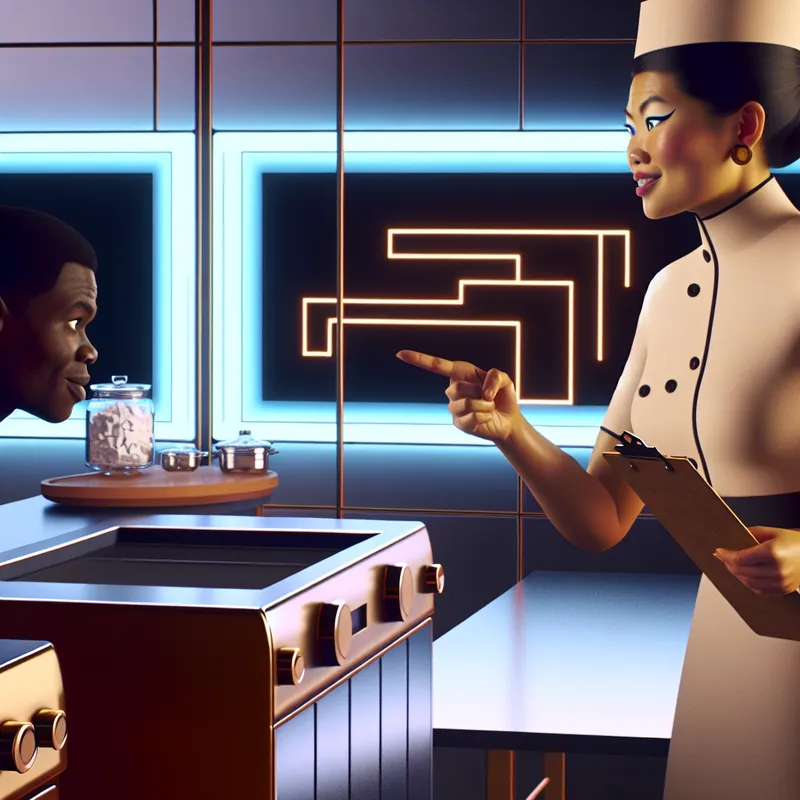 Een moderne retro-futuristische keuken met een zelfverzekerde chef-kok die een jonge kok een bevel geeft terwijl hij wijst met een clipboard.