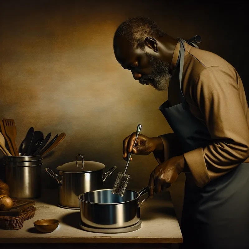 Een chef-kok die aandachtig een pan schoonmaakt met een stevige draad in een warme, sfeervolle keuken
