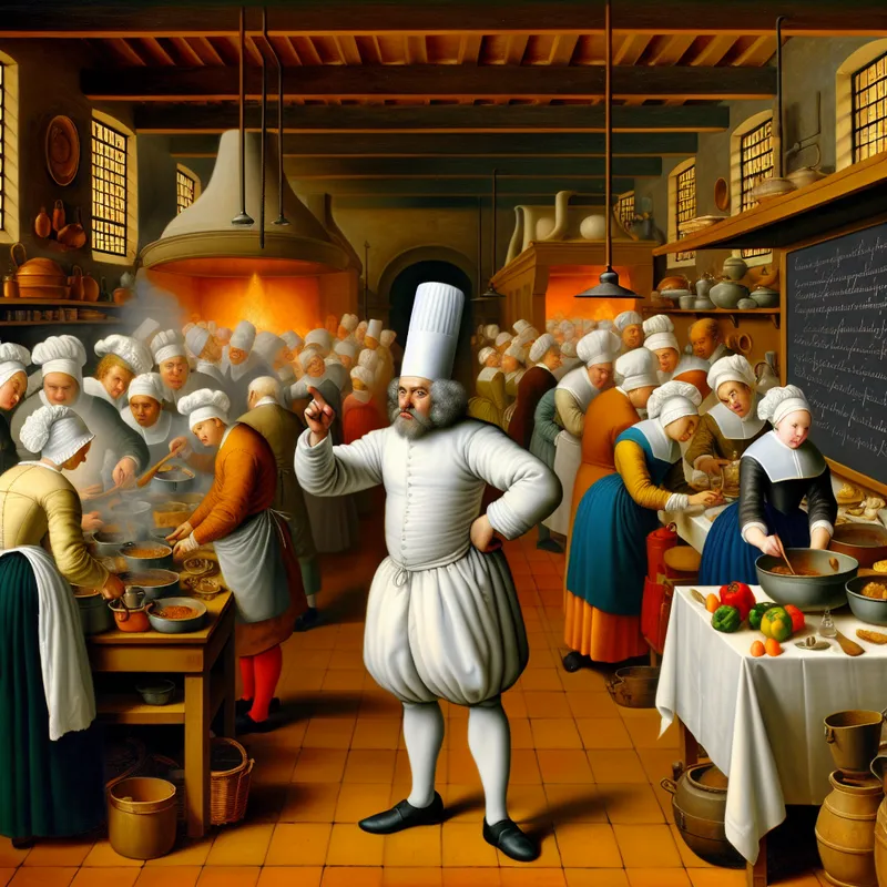 17e-eeuwse Nederlandse keukenscène met een chef-kok die een nieuw recept uitlegt aan keukenpersoneel in een druk restaurant