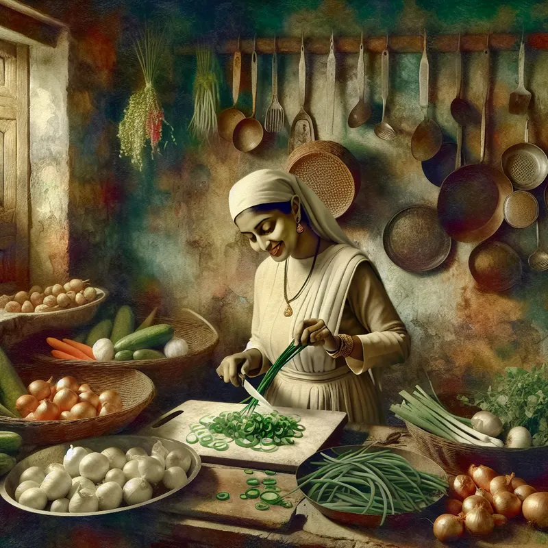 Een chef in een nostalgische keuken snijdt een dunne groene spriet met verse ingrediënten om zich heen.