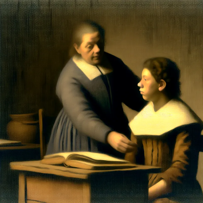 Klassieke klaslokaalscène met leraar en student in dramatisch licht