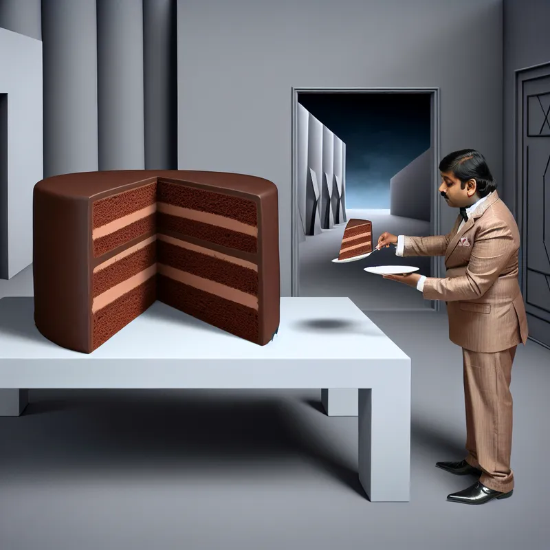 Hyperrealistisch beeld van chocoladetaart in Carel Willink stijl