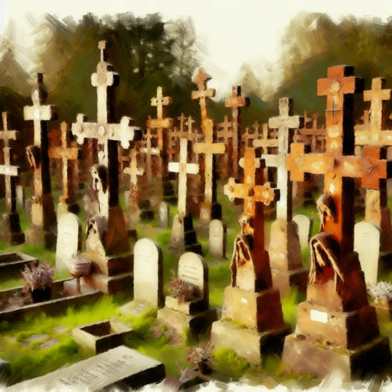 Serene begraafplaats met weerbestendige houten kruisen als religieuze symbolen in christelijke traditie, geschilderd in levendige stijl met expressieve penseelstreken