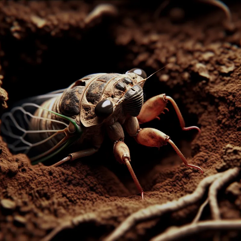 Close-up van een jonge cicadenymf die uit de grond komt, omringd door aarde en wortels.